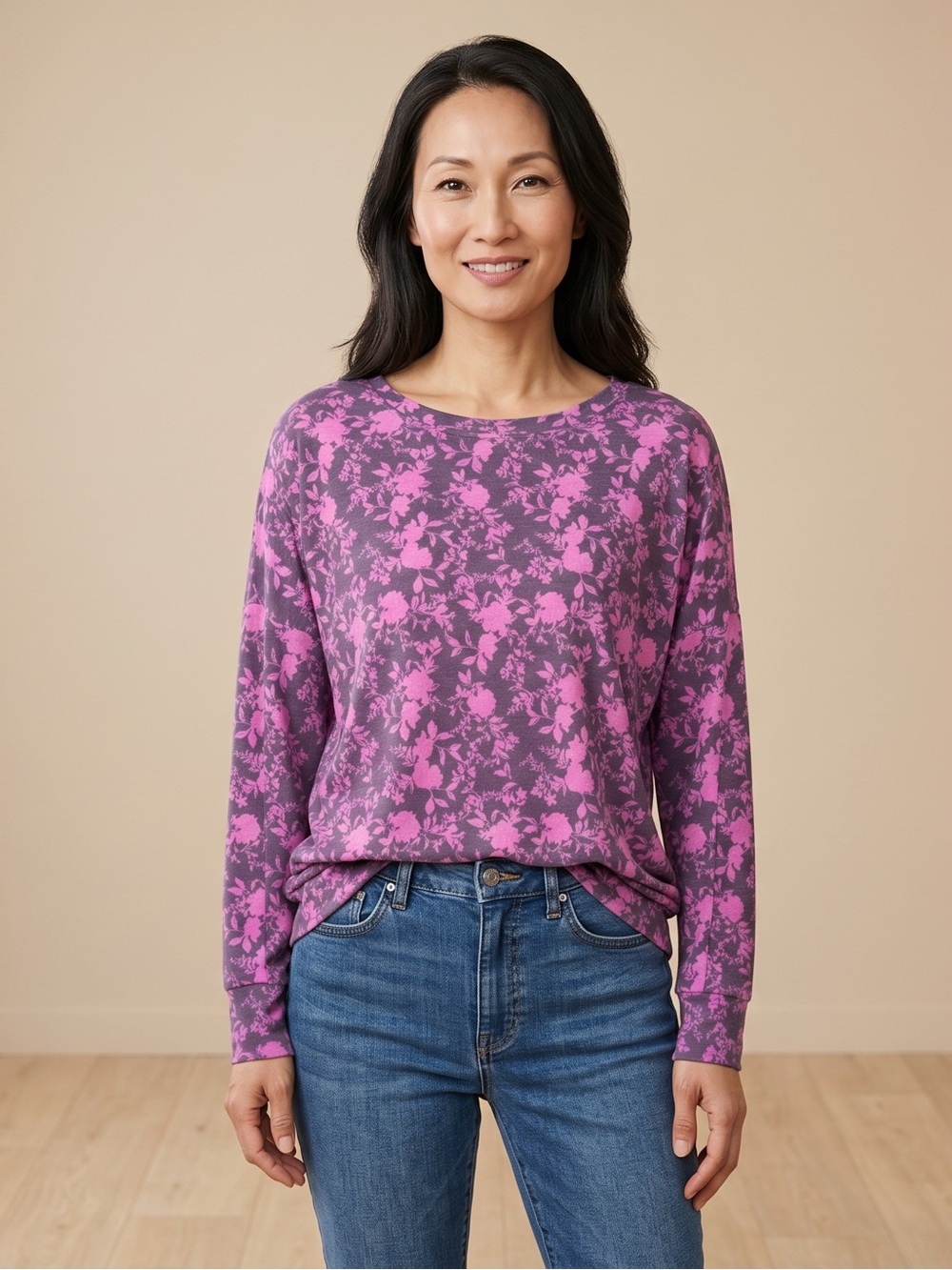 Dear Scarlett Cozy & Comfortable Elegant Floral Long Sleeve Top in Pink & Purple
